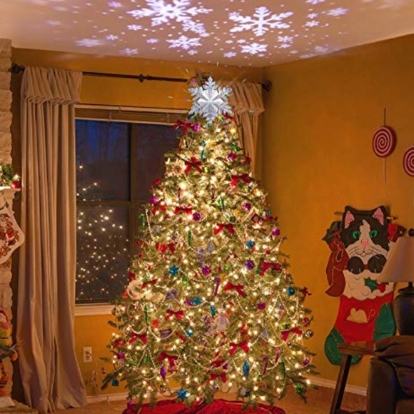 Silver Snowflake Christmas Tree Topper with LED Ceiling Projector Light - Picture 2 of 10